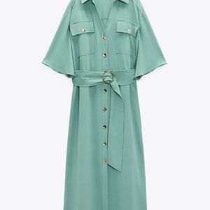 ZARA WOMAN NWT SS22SEA GREEN GOLD BUTTON SHIRTDRESS ALL SIZES 0387/170
